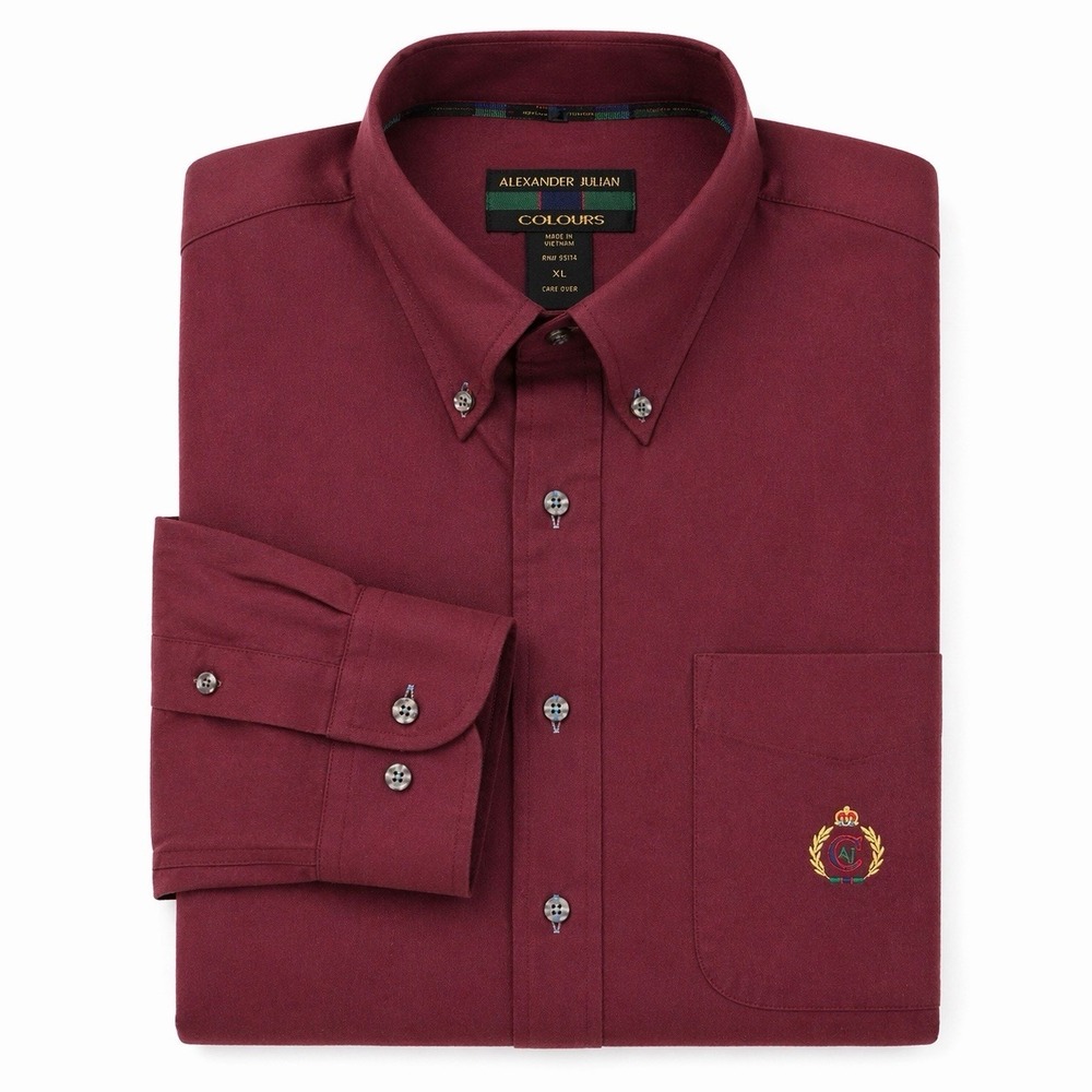 Alexander Julian Colours Men's Twill Burgundy Button Down Shirt Crest Logo XL